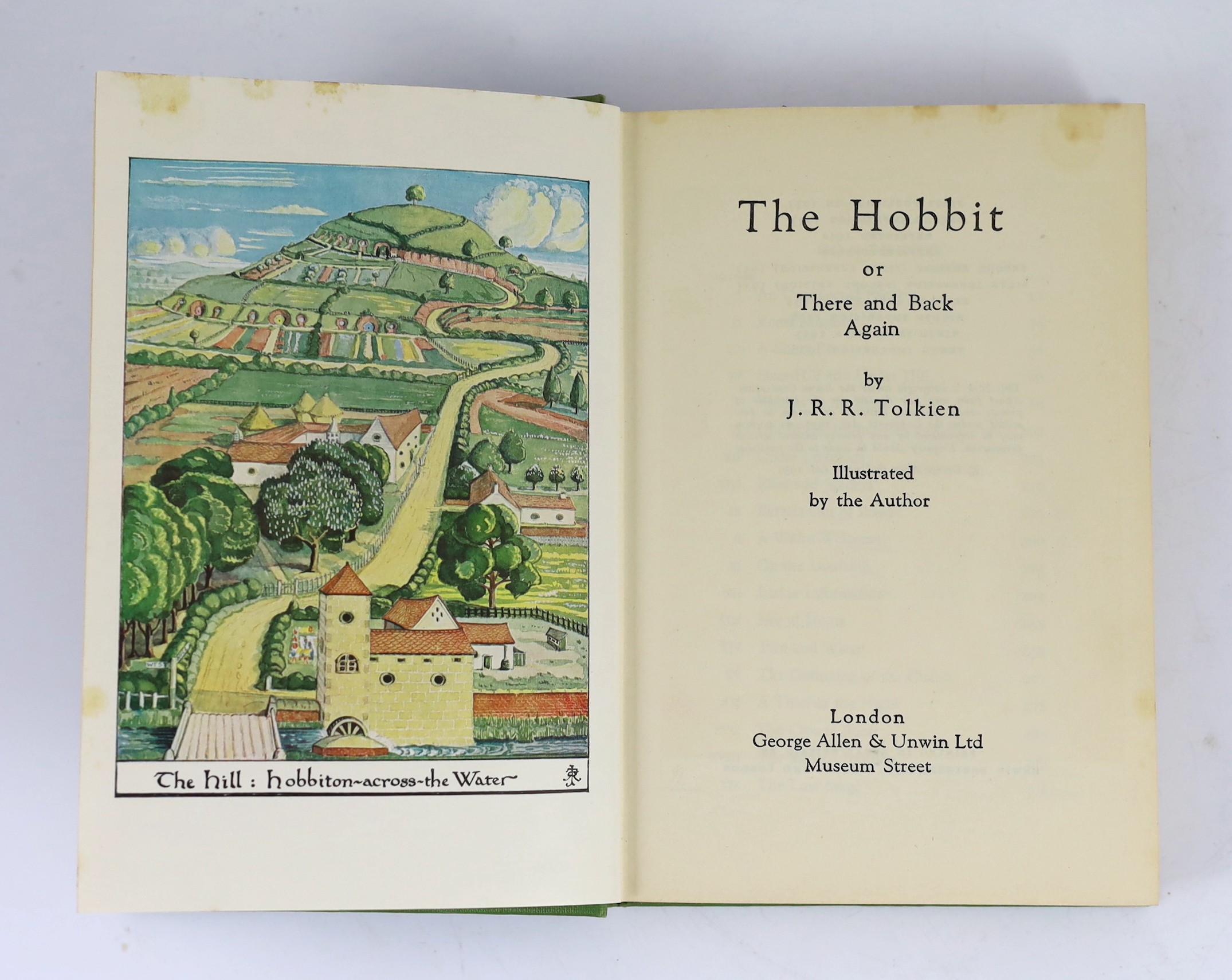 J.R.R. Tolkein - The Hobbit or There and Back Again, 2nd edition, 10th impression, (overall). coloured frontis. and 8 text illus. (7 full-page, by the author), 2 maps (in red and black) on e/ps.; publisher's pictorial cl